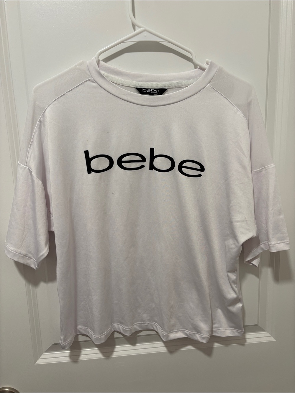 bebe White Tee with Sheer Mesh Shoulder